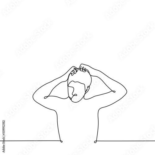 man clutching his head or scratching his head - one line drawing vector. concept hair or scalp problem; invent or brainstorm