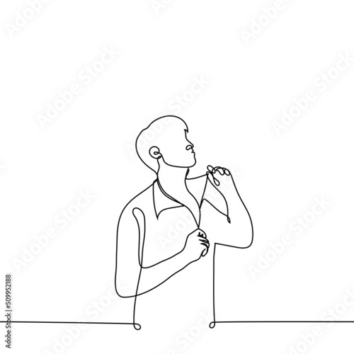 man unzips jacket - one line drawing vector. concept to undress, take off clothes because of the heat, the man is seducing