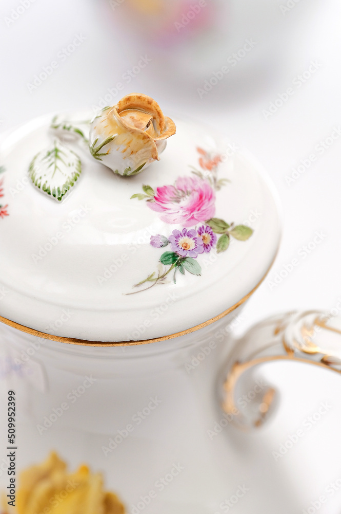 Antique handmade French porcelain with three-dimensional relief and hand-painted flowers
Vintage Tea Coffee Table Set Meissen