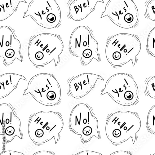 Speech bubble seamless pattern, comic cloud shape with hello, hi, yes. Hand drawn doodle sketch style. Speech bubble chat, message element, quote text, dream, think. vector illustration on white.