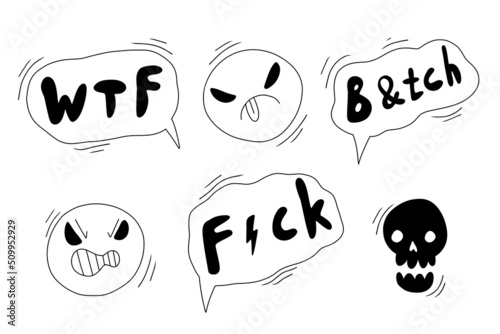 Bad Swear words. Angry face. Doodle hand drawn swear bad emoji. Doodle hand drawn speech bubble with swear words symbols. Comic speech bubble. Angry screaming face emotions. Vector illustration.