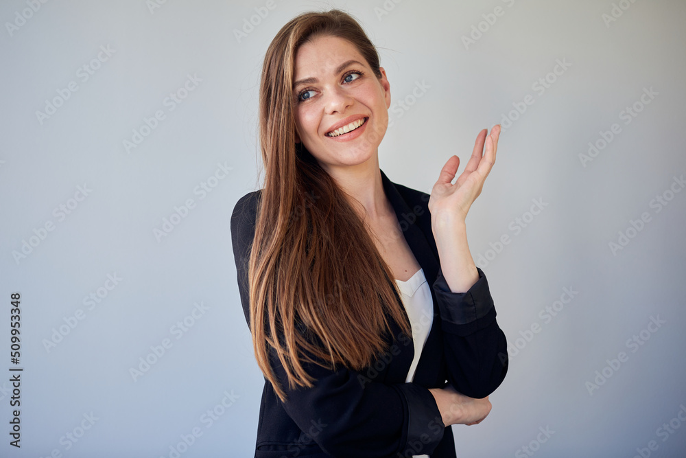 Woman in black business suit looking away. isolated portrait of business woman with long hair. Woman in black business suit looking away. isolated portrait of business woman with long hair.