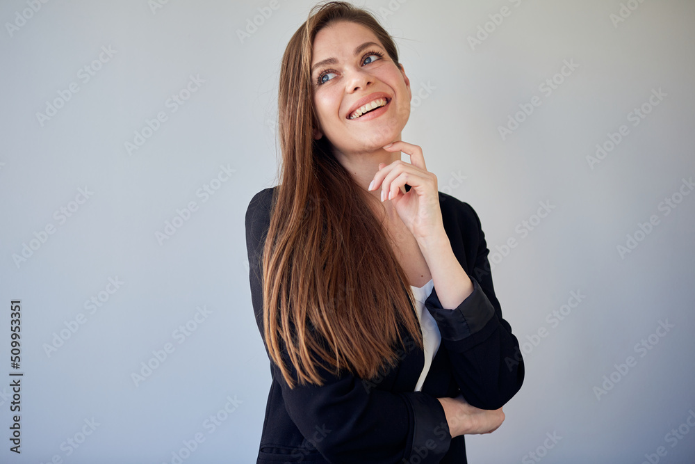Woman in black business suit looking away. isolated portrait of business woman with long hair. Woman in black business suit looking away. isolated portrait of business woman with long hair.