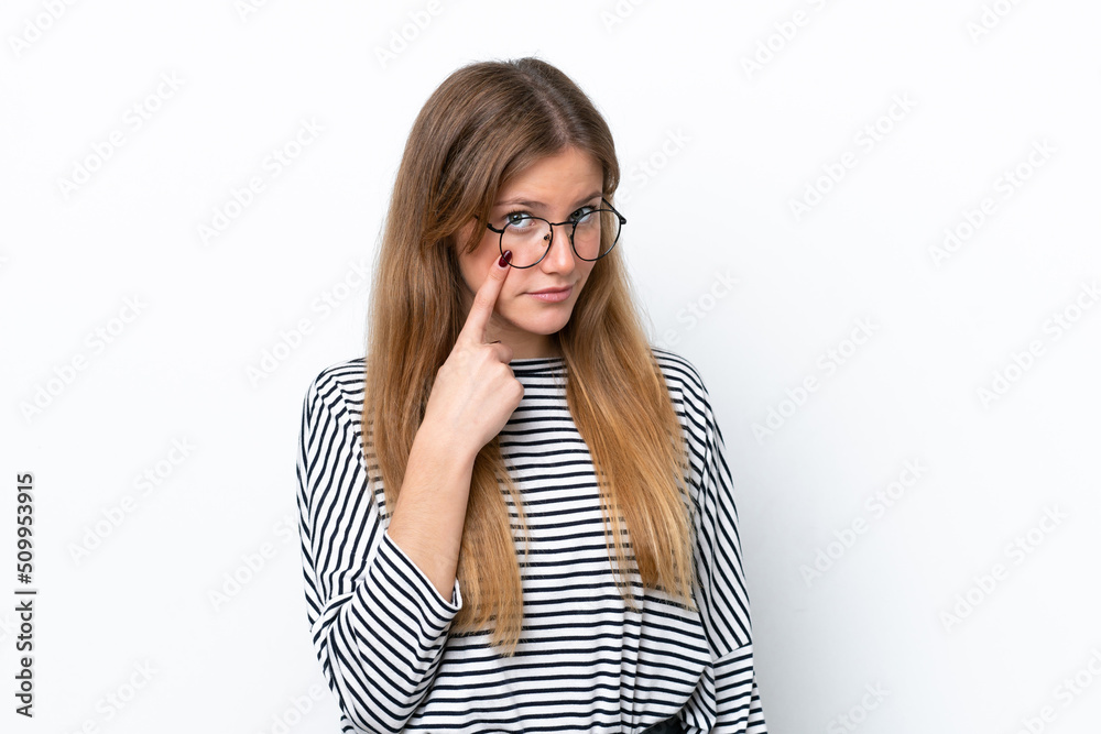 Young caucasian woman isolated on white background showing something