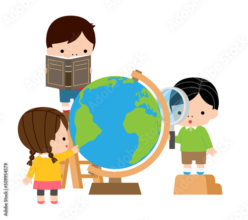 大きい地球儀を調べる子供達