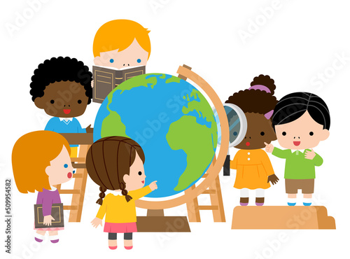 大きい地球儀を調べる子供達