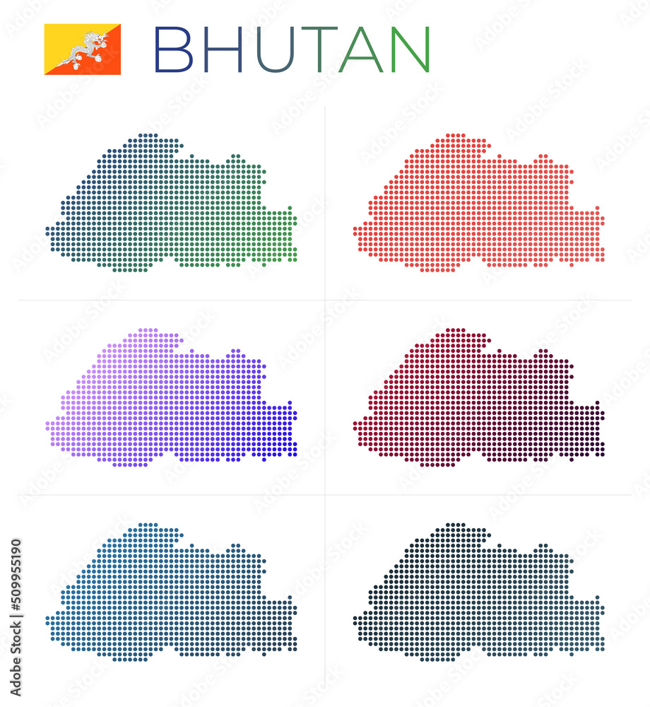 Bhutan dotted map set. Map of Bhutan in dotted style. Borders of the country filled with beautiful smooth gradient circles. Attractive vector illustration. Bhutan dotted map set. Map of Bhutan in dotted style. Borders of the country filled with beautiful smooth gradient circles. Attractive vector illustration.