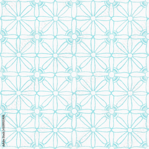 Abstract ornamental geometric seamless pattern with turquoise contours of abstract shapes on textured white background. Template for design, textile, wallpaper, wrapping, ceramics.
