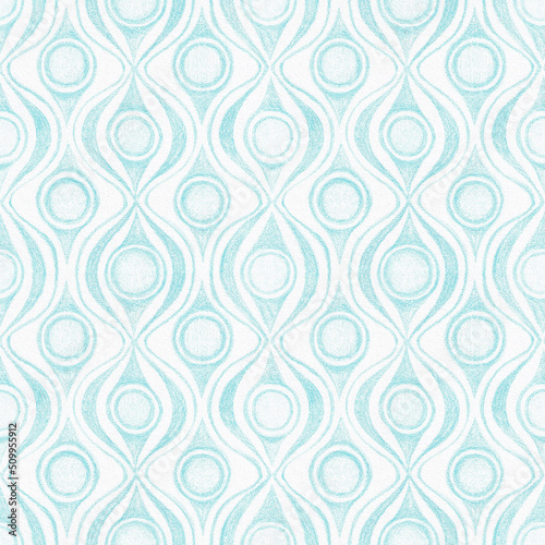 Abstract ornamental geometric seamless pattern with turquoise contours on textured white background. Template for design, textile, wallpaper, wrapping, ceramics.