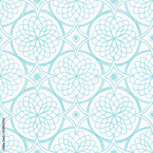 Abstract ornamental geometric seamless pattern with turquoise contours of abstract flowers and circles on textured white background. Template for textile, wallpaper, wrapping, ceramics.