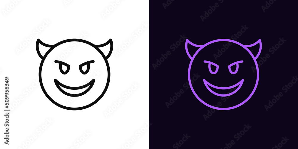 Outline devil emoji icon, with editable stroke. Evil emoticon with