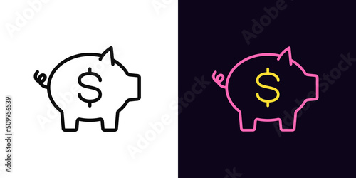 Outline money box icon, with editable stroke. Piggy bank with dollar sign, moneybox pictogram. Piggybank, investing and money