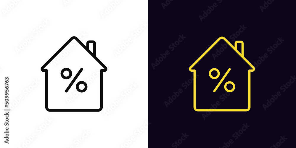 Outline house icon with editable stroke. Home with percentage sign, house mortgage pictogram. Real estate insurance - obrazy, fototapety, plakaty 