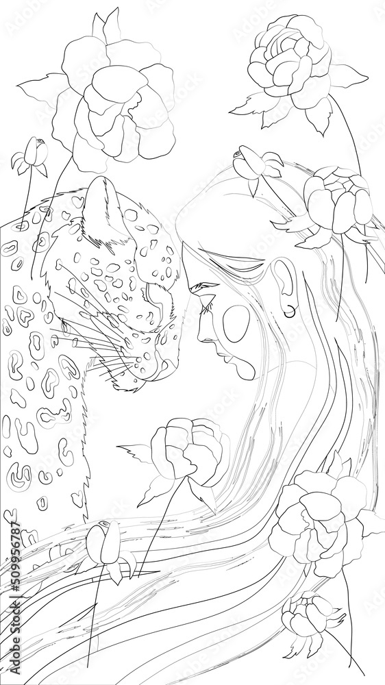 contour coloring page with the image of a long-haired girl with a leopard surrounded by flowers.