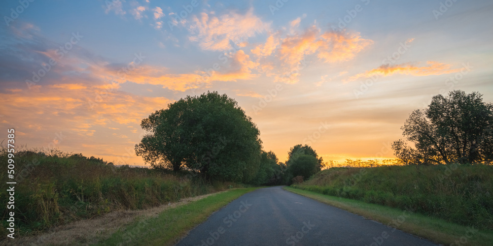 Fototapeta premium country road among meadows colorful sunset on background