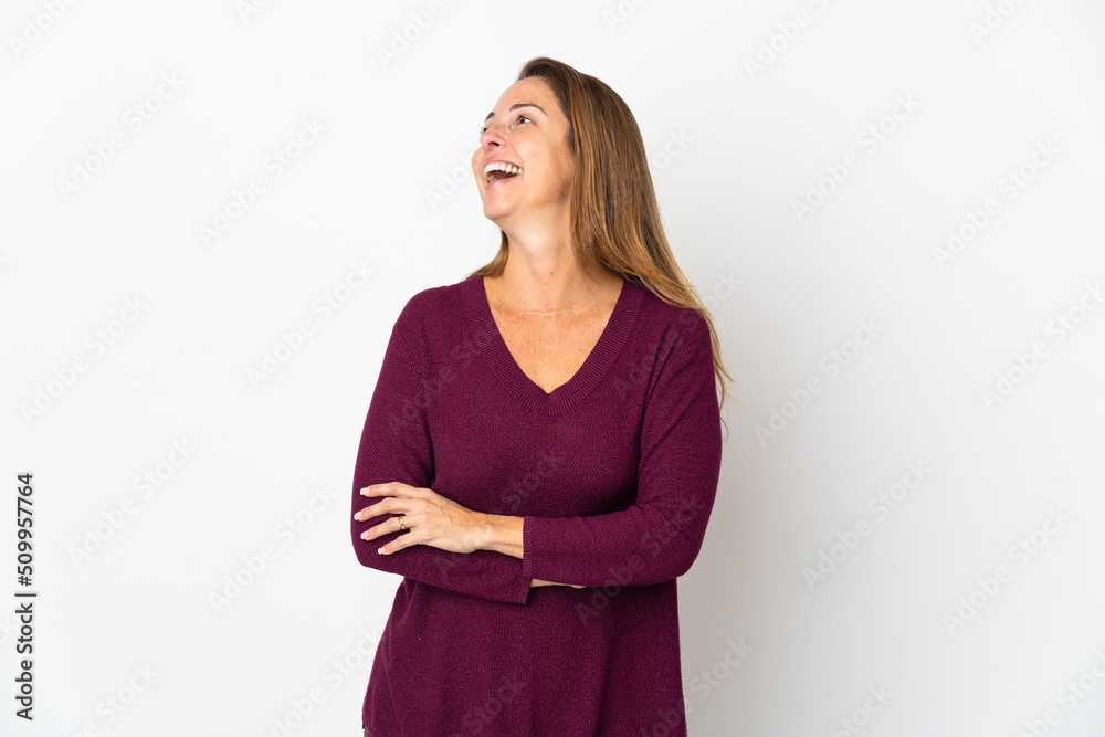 Middle age Brazilian woman isolated on white background happy and smiling Middle age Brazilian woman isolated on white background happy and smiling