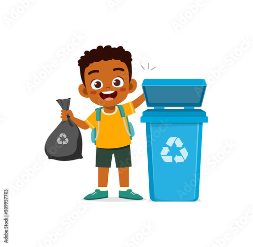 little kid throw trash to trash bin
