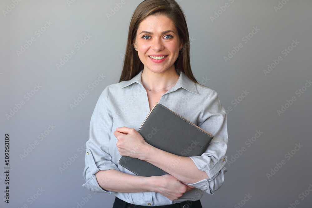 Student woman holding work books. Smiling girl portrait. Student woman holding work books. Smiling girl portrait.