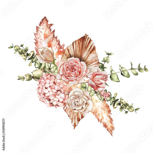 Trendy dried palm leaves  blush pink rose  pale protea  white orchid  pampas grass watercolor design wedding bouquet. Trendy flowers. 
