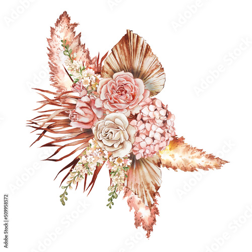 Trendy dried palm leaves, blush pink rose, pale protea, white orchid, pampas grass watercolor design wedding bouquet. Trendy flowers. 