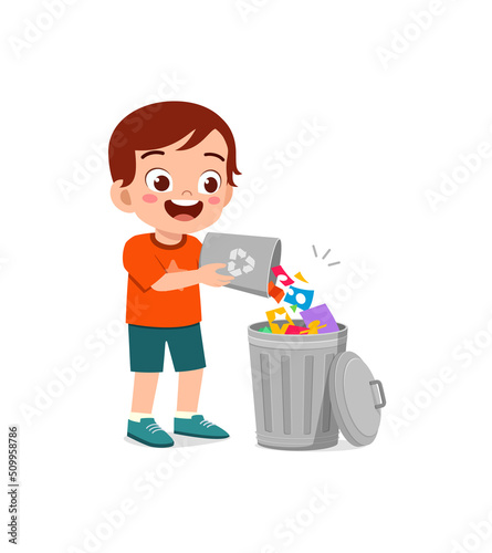 little kid throw trash to trash bin