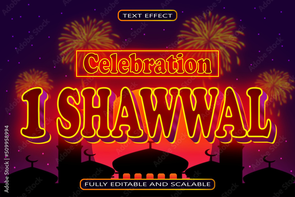Fototapeta premium Celebration 1 Shawwal Editable Text Effect 3 Dimension Emboss Neon Style