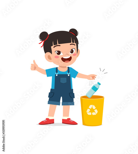 little kid throw trash to trash bin