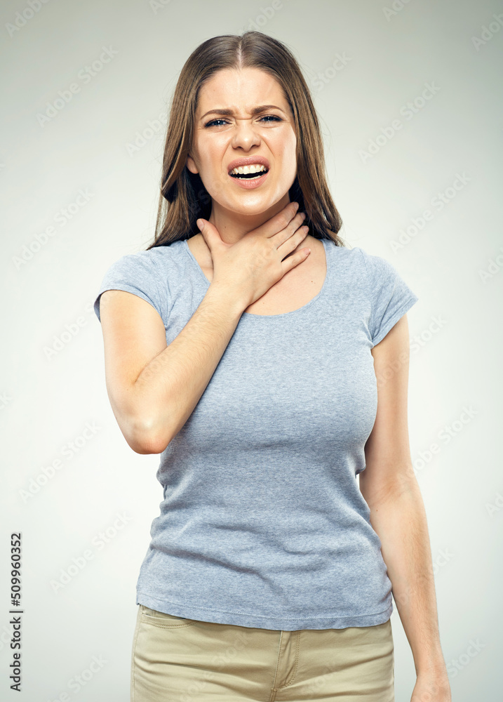 Woman with sore throat, pain. Face with pain suffering. Isolated