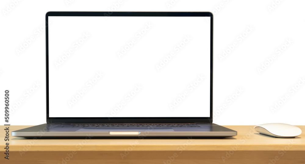 Laptop with blank screen on wood table isolated on white background Laptop with blank screen on wood table isolated on white background