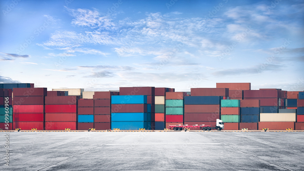 Containers Yard on blue sky background and floor ground with container truck, Global Business Logistics import export goods of freight carrier, industrial port, cargo transportation industry concept - obrazy, fototapety, plakaty 