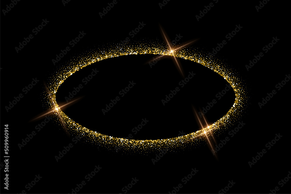Oval gold frame from glitters with glow light effect, golden ellipse from luxury dust