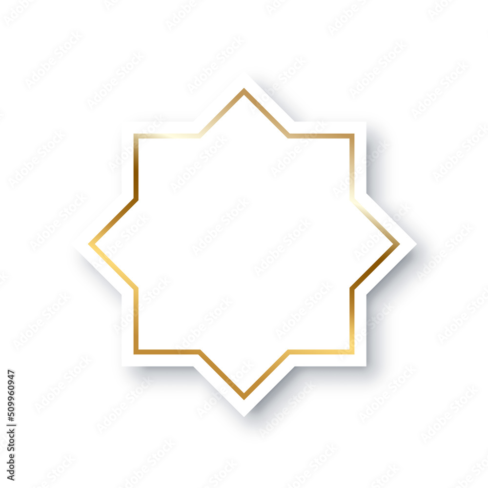 Eight point white star with gold frame on borders vector illustration. Islamic symbol of octagonal shape with glitter, symmetry and shadow, abstract geometric decorative badge isolated on white Eight point white star with gold frame on borders vector illustration. Islamic symbol of octagonal shape with glitter, symmetry and shadow, abstract geometric decorative badge isolated on white