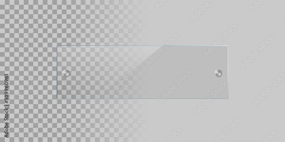 Glass rectangle plate isolated on transparent bacground. Vector realistic acrylic frame with steel rivets