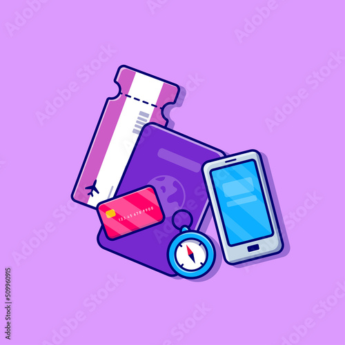 Passport, Boarding Pass, Compass, Card And Hand Phone Cartoon Vector Icon Illustration. Travel Equipment Icon Concept Isolated Premium Vector. Flat Cartoon Style