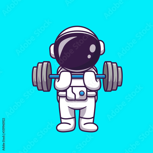Cute Astronaut Lifting Dumbbell Cartoon Vector Icon Illustration. Science Sport Icon Concept Isolated Premium Vector. Flat Cartoon Style