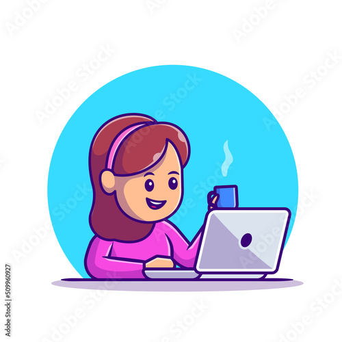 Cute Girl Working On Laptop With Cup Coffee Cartoon Vector Icon Illustration. People Technology Icon Concept Isolated Premium Vector. Flat Cartoon Style photo