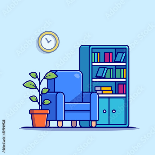 Living Room With Library Book And  Plant Cartoon Vector Icon Illustration. Interior Object Icon Concept Isolated Premium Vector. Flat Cartoon Style photo