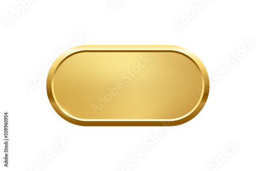 Gold ellipse button with frame vector illustration. 3d golden glossy elegant oval design for empty emblem, medal or badge, shiny and gradient light effect on plate isolated on white background photo