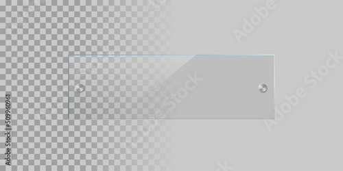 Glass rectangle plate isolated on transparent bacground. Vector realistic acrylic frame with steel rivets