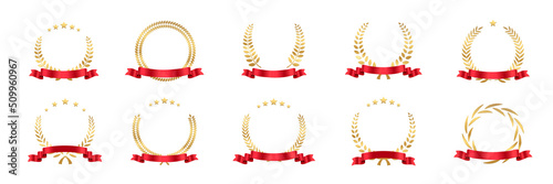 Gold laurel wreath and red ribbon set, realistic winner medal with leaf star silhouettes