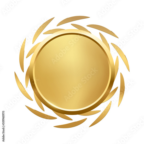 3d gold medallion and circular decoration from laurel leaves vector illustration. Realistic golden round award vip object with glow light effect, victory or anniversary medal isolated on white.