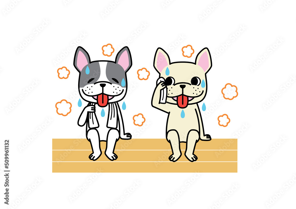 ふたりでサウナで汗をかいているフレンチブルドッグ ふたりでサウナで汗をかいているフレンチブルドッグ