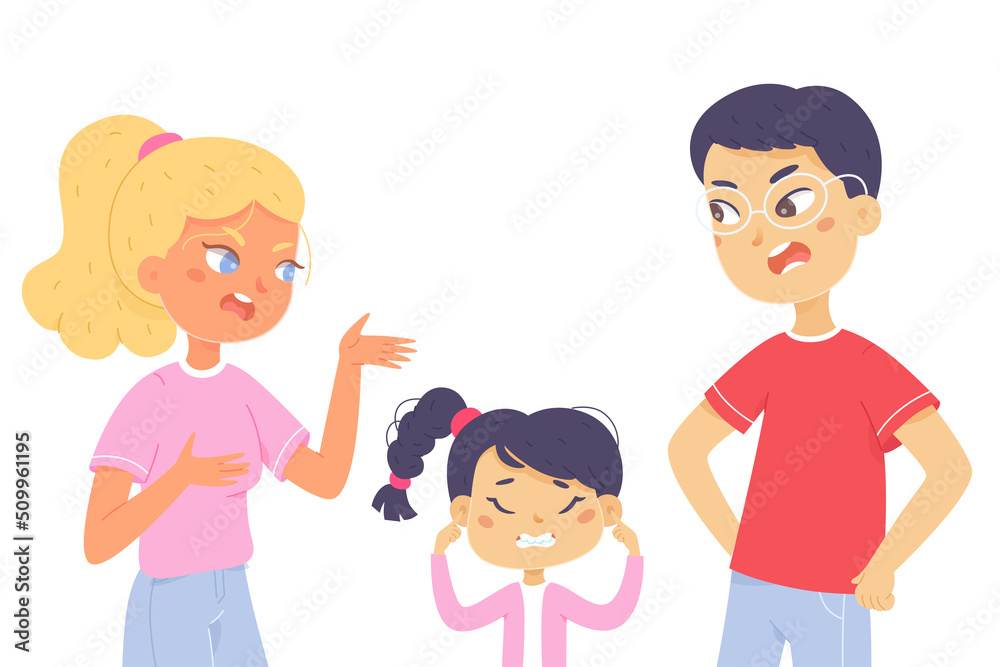 Angry people shout and quarrel during family conflict, sad girl covering ears with hands Angry people shout and quarrel during family conflict, sad girl covering ears with hands