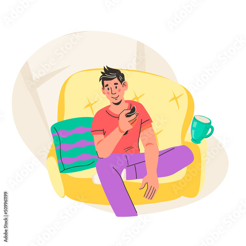 Man sitting in armchair, with remote controller watching movie at home, flat vector illustration isolated on white background. Concept of entertainment and relaxation, home cinema.