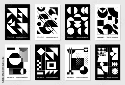 Set of 8 minimal vintage 20s geometric design posters, wall art, template, layout with primitive shapes elements. Bauhaus retro pattern background, vector abstract circle, triangle and square line art