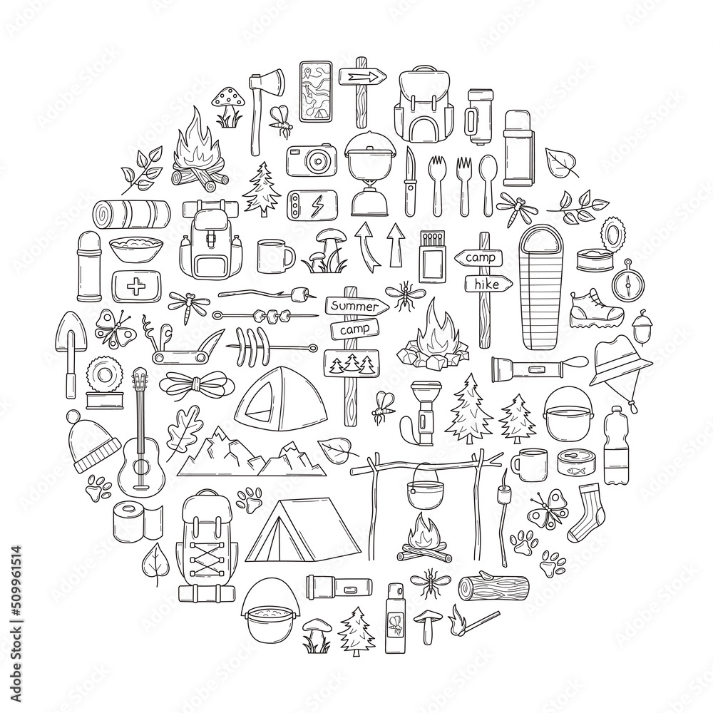 Hiking equipment in a round composition in doodle. Items for camping. Travel supplies icons for outdoor base camp. Backpack, campfire, tent, pointers, bowler hat. Isolated sketch vector illustration