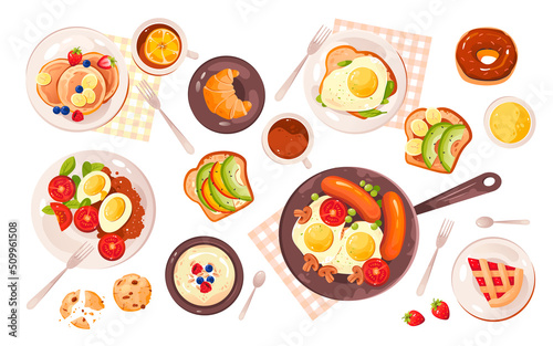 Fototapeta Naklejka Na Ścianę i Meble -  Healthy breakfast vector illustration. A set of food for breakfast. Morning meal. Breakfast menu. 