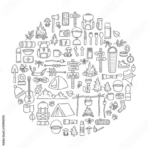 Hiking equipment in a round composition in doodle. Items for camping. Travel supplies icons for outdoor base camp. Backpack  campfire  tent  pointers  bowler hat. Isolated sketch vector illustration