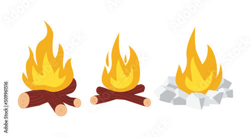 Campfire with burning wooden logs and camping stone fireplace. Outdoor bonfire. Firewood flames. Set of isolated flat vector illustration 