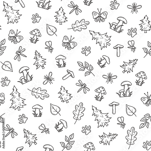 Autumn forest seamless pattern with mushrooms and plant elements in doodle style. Texture for fabric, wrapping, textile, wallpaper, apparel. Continuous nature print in sketch. Line vector illustration